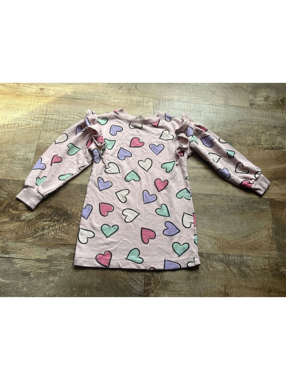 H&M Girls' Pink Heart Print Long Sleeve Dress Size 7-8 Years